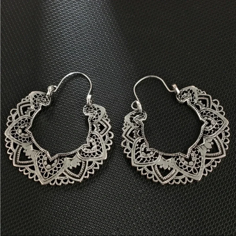 Women's Bohemian Silver Lotus Hollow Out Hoop Earrings